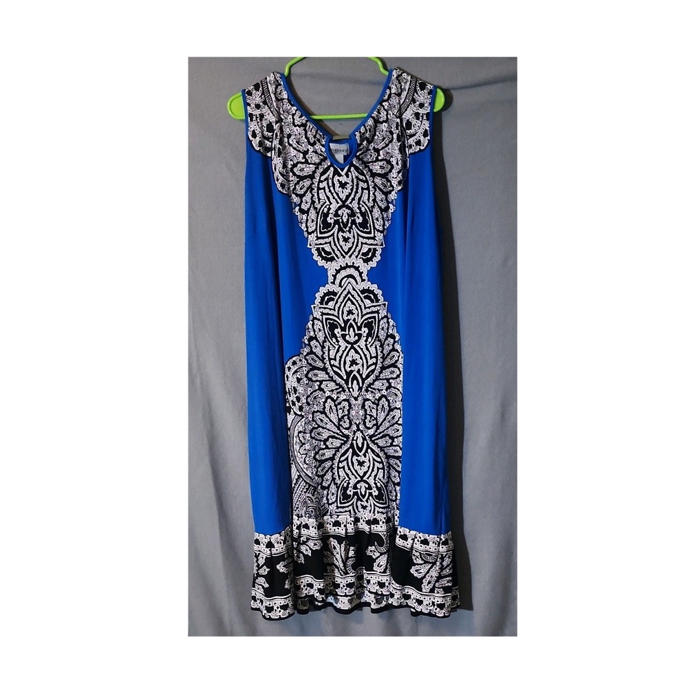 Catherines Blue Black White Geometric Rhinestone Shift Dress Keyhole 3X